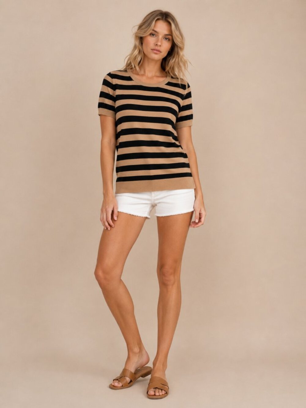 2/$30 Lands' End Striped Short Sleeve Knit Cotton Tee Tan Large #A2995